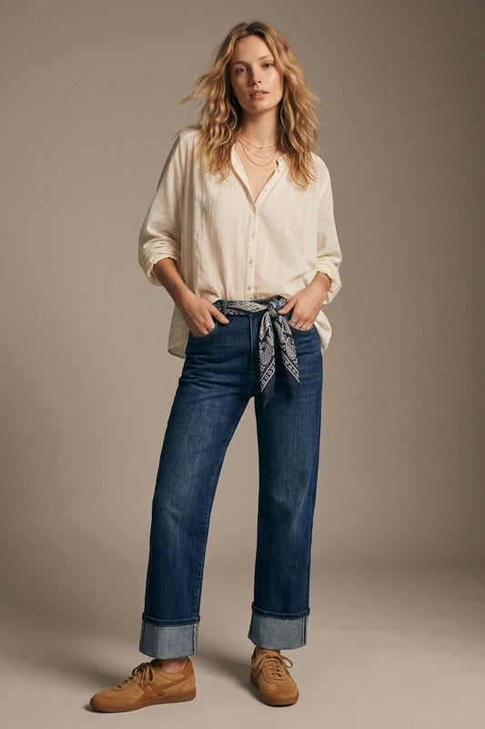 Straight Jeans with Folded Hem in Mid Blue Wash - Denim