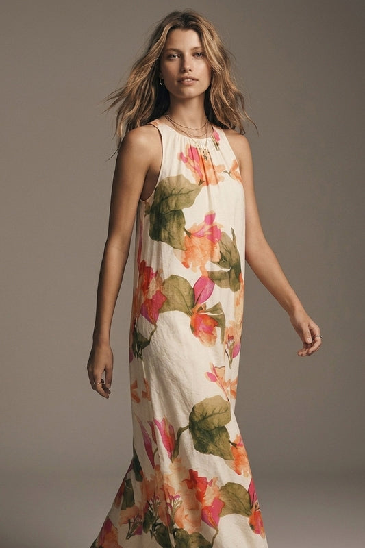 Sleeveless light woven maxi dress with a cream floral print in a relaxed fit - dress