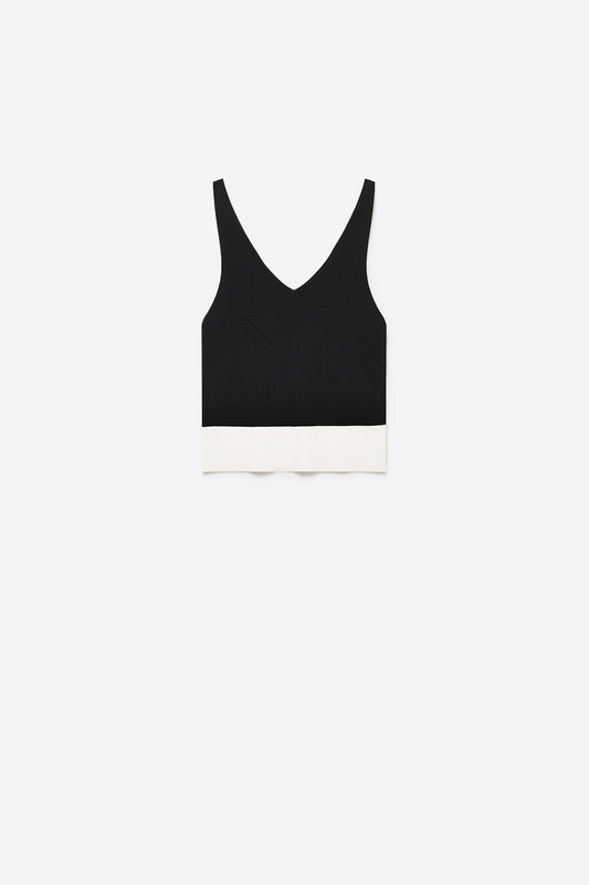 Black Ribbed Knit Contrast Hem V-Neck Cropped Tank Top - Tops