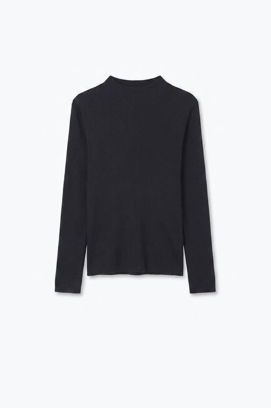 Fine Ribbed Merino Wool Sweater in navy with Mock neck - Jumpers