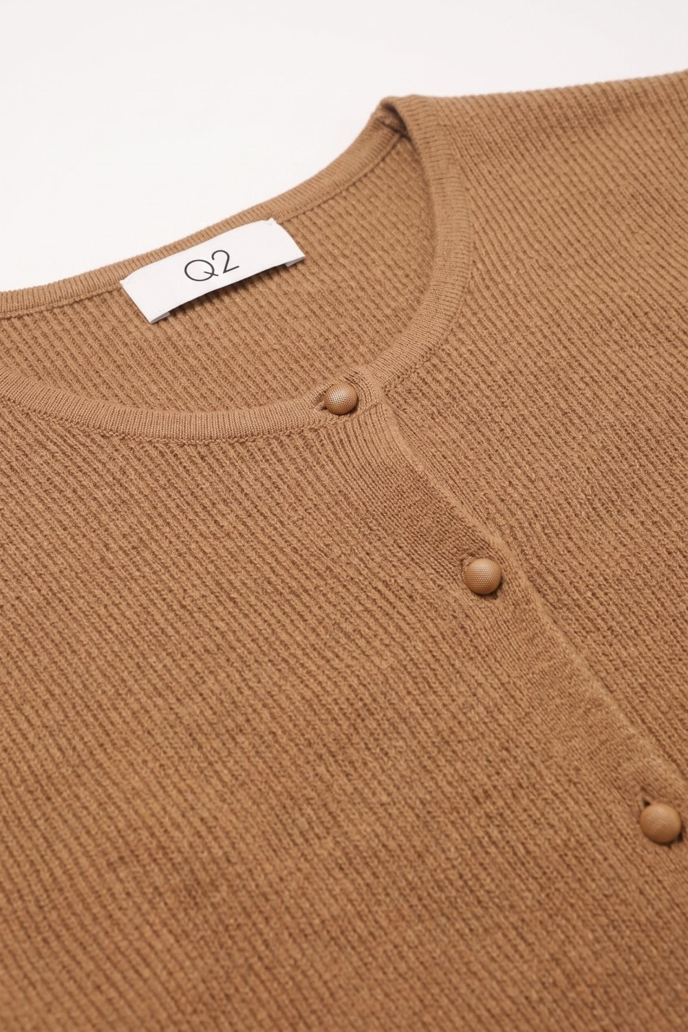Camel Ribbed Knit Button Front Crew Neck Cardigan - Cardigans