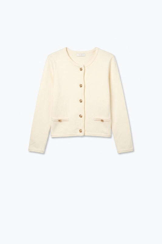 Cream Fine Knit Gold Button Crew Neck Cardigan Sweater - Cardigans