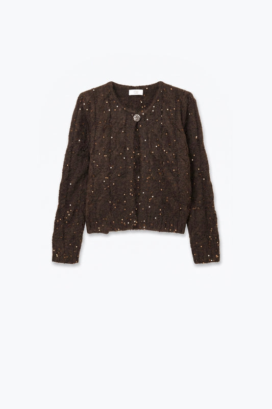 Brown Sequin Faux Mohair Cable Knit Button Cardigan - Cardigans
