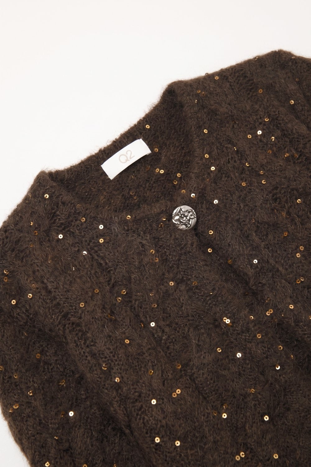 Brown Sequin Faux Mohair Cable Knit Button Cardigan - Cardigans