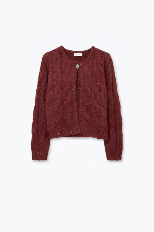 Burgundy Cable Knit Sequin Button Front Cropped Cardigan - Cardigans