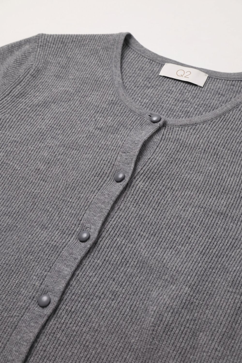 Grey Ribbed Knit Button Front Crew Neck Cardigan - Cardigans