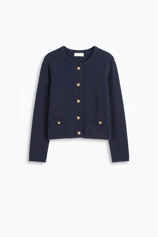 Navy Fine Knit Gold Button Cropped Cardigan Sweater - Cardigans