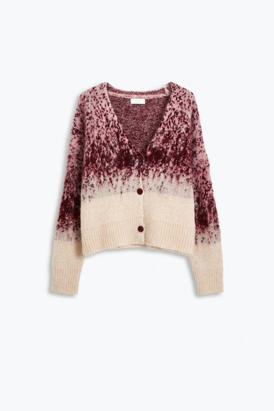 Cream Burgundy Ombre Fluffy Knit Button Cropped Cardigan Sweater - Cardigans