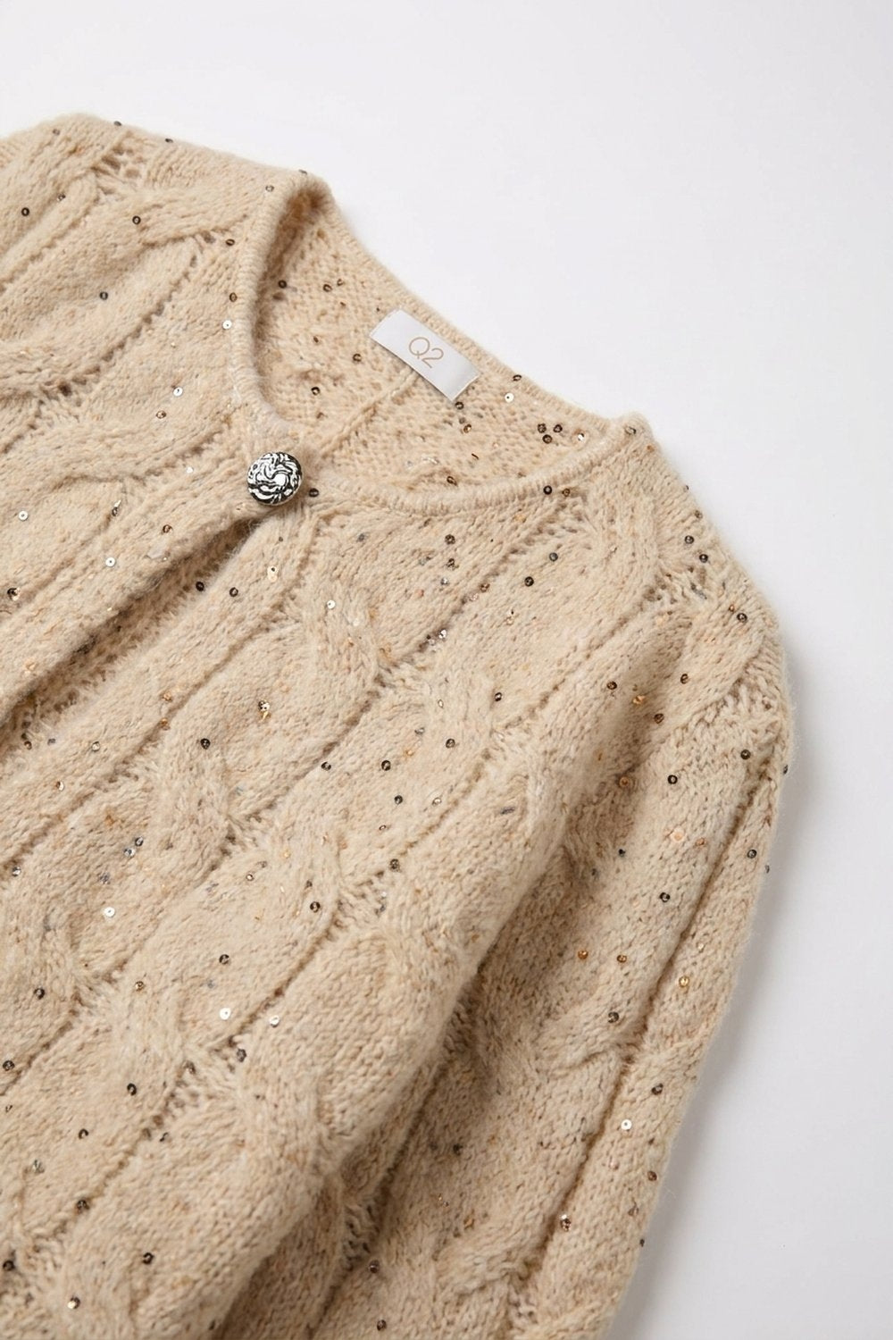 Beige Sequin Chunky Cable Knit Button Cropped Cardigan - Cardigans