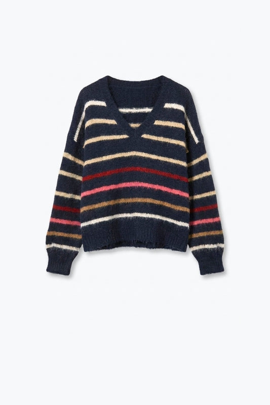 Navy Multicolor Fluffy Knit V-Neck Stripe Relaxed Sweater - Jumpers