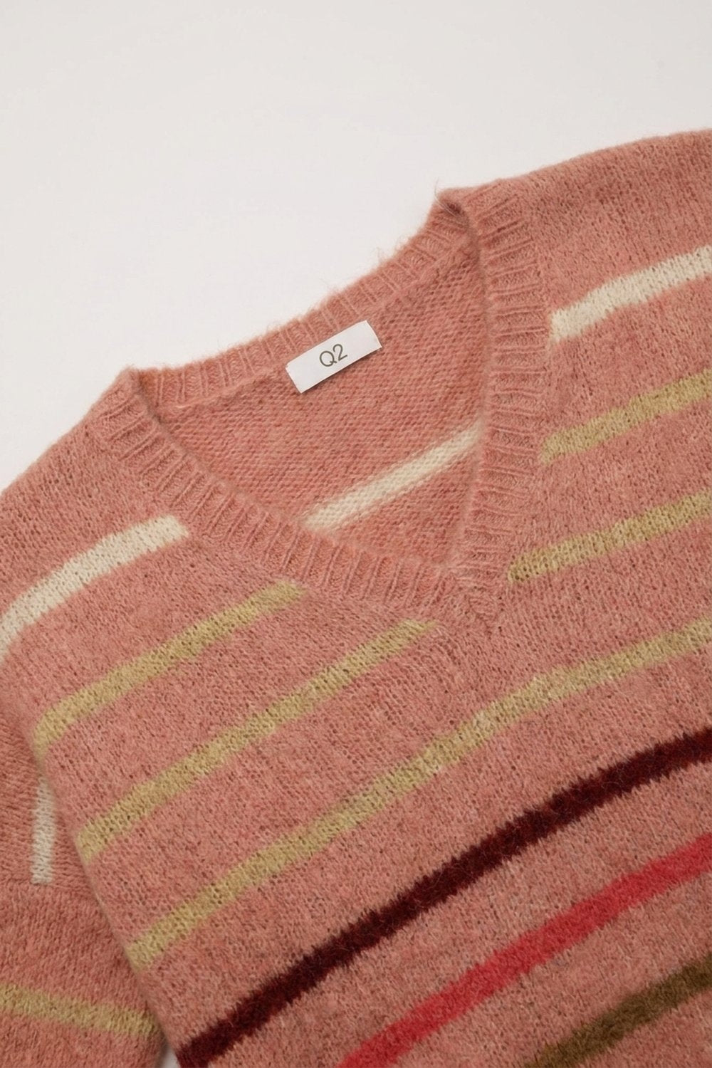 Pink Multicolor Fluffy Knit V-Neck Striped Relaxed jumper - Jumpers