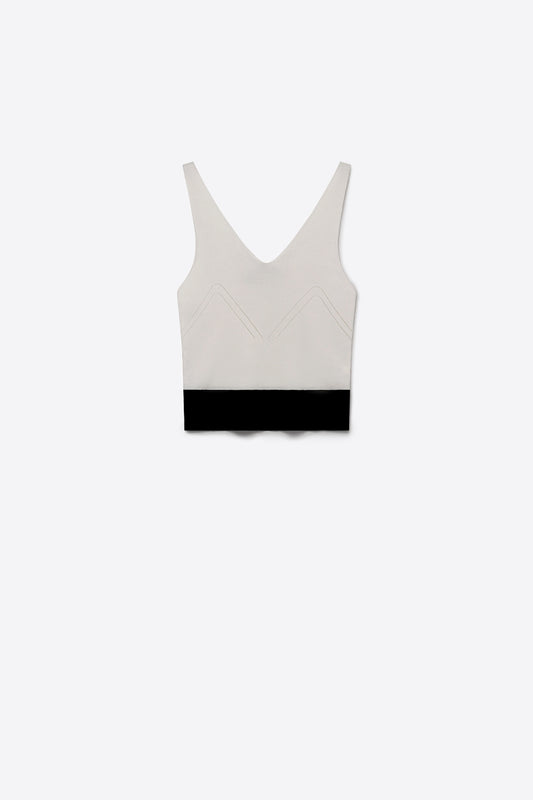 White Ribbed Knit Contrast Hem V-Neck Cropped Tank Top - Tops
