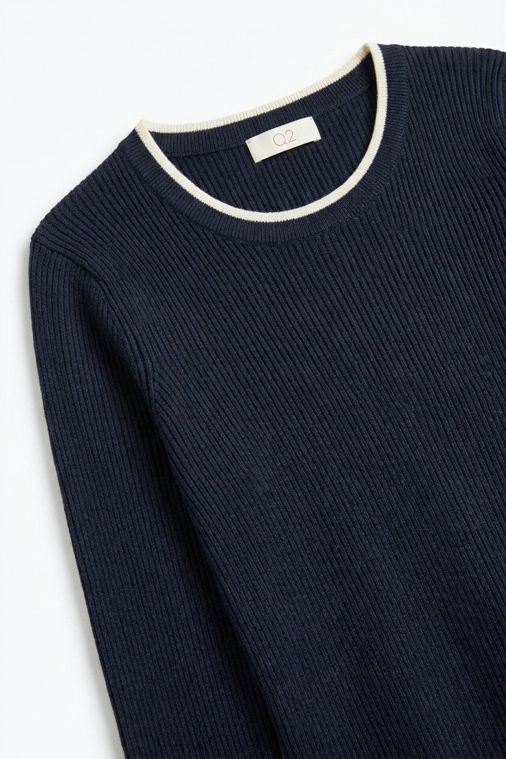navy Ribbed Knit white Contrast Trim sweater in wide neck - Jumpers