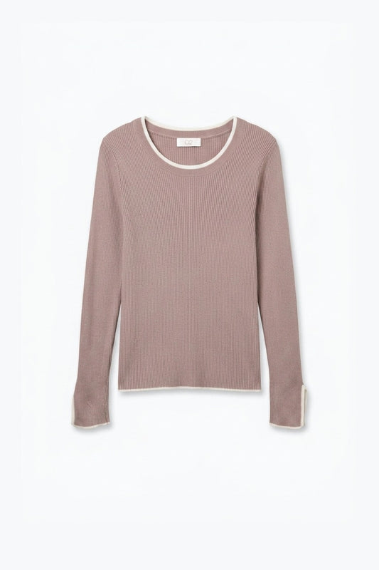pink Ribbed Knit white Contrast Trim sweater in wide neck - Jumpers