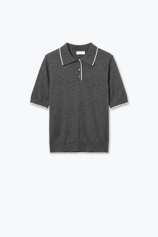 Grey Fine Knit Contrast Trim Short Sleeve sweater with Polo neckline - Polos
