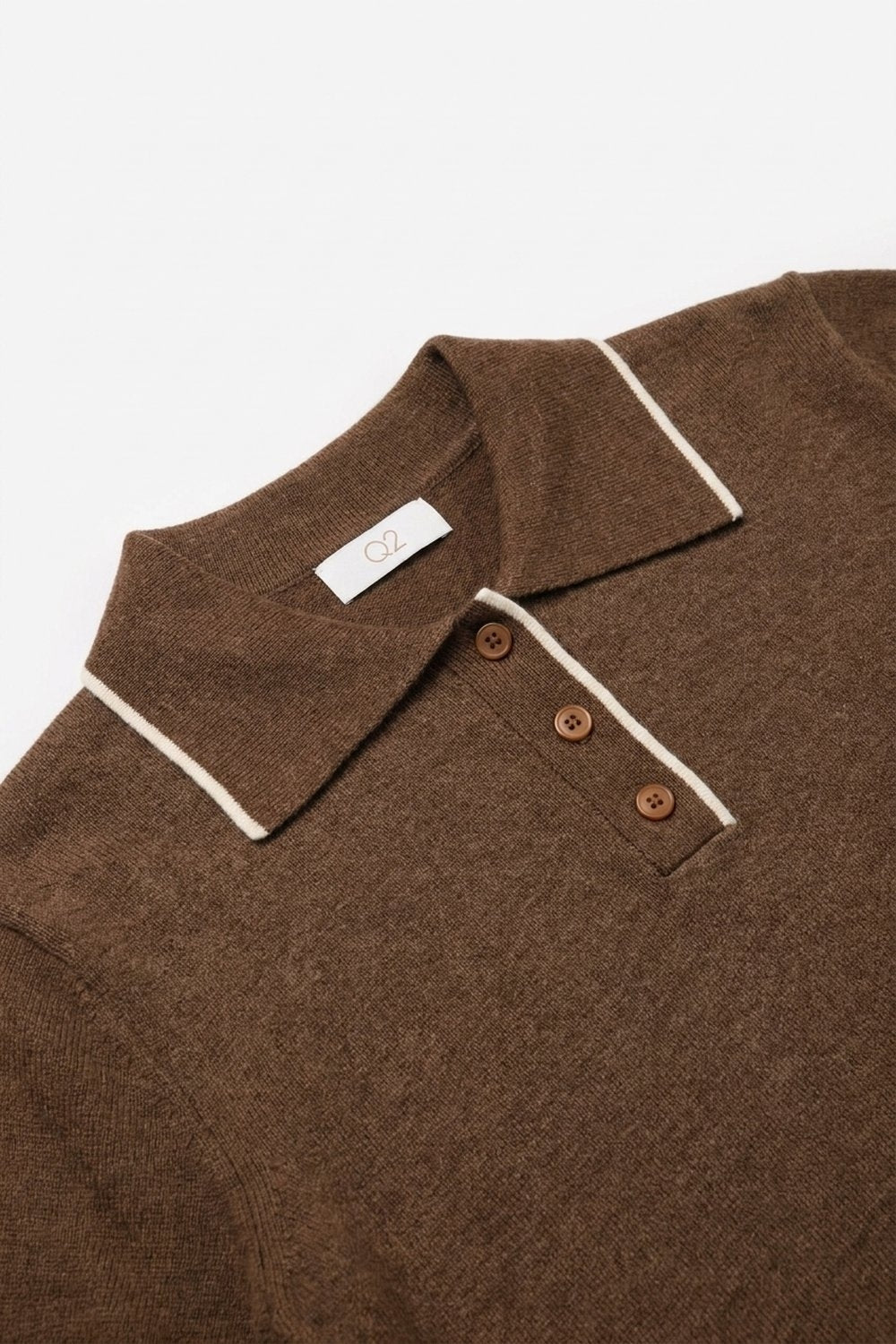 Brown Fine Knit Contrast Trim sweater with Polo Collar - Polos