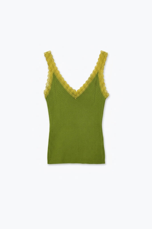 Fine-Knit Camisole with Contrast Lace Trim in Olive - Tops