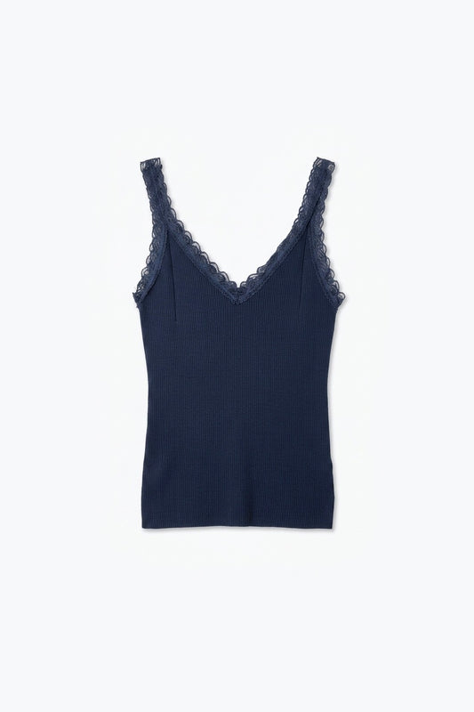 Navy Ribbed Knit Lace Trim V-Neck Sleeveless Top - Tops