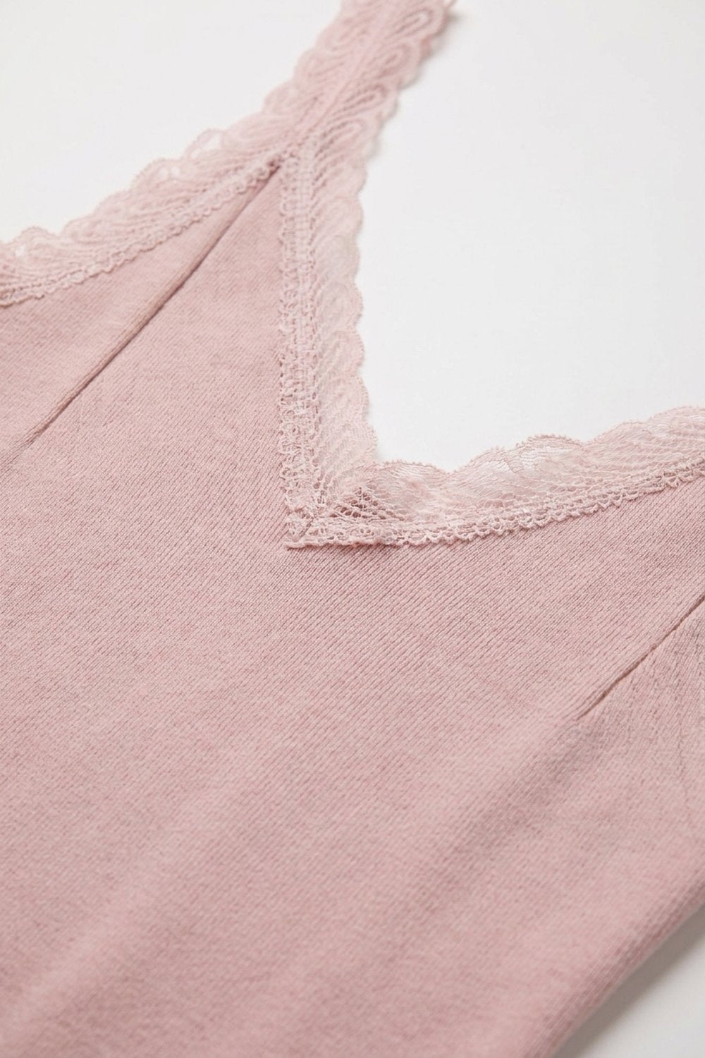 Light Pink Ribbed Knit Lace Trim V-Neck Sleeveless Top - Tops