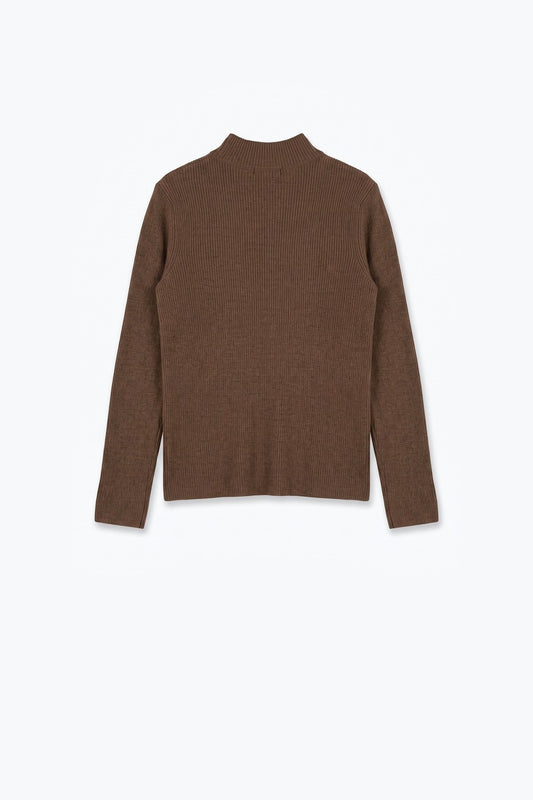 Fine Ribbed Merino Wool Sweater in camel with Mock neck - Jumpers