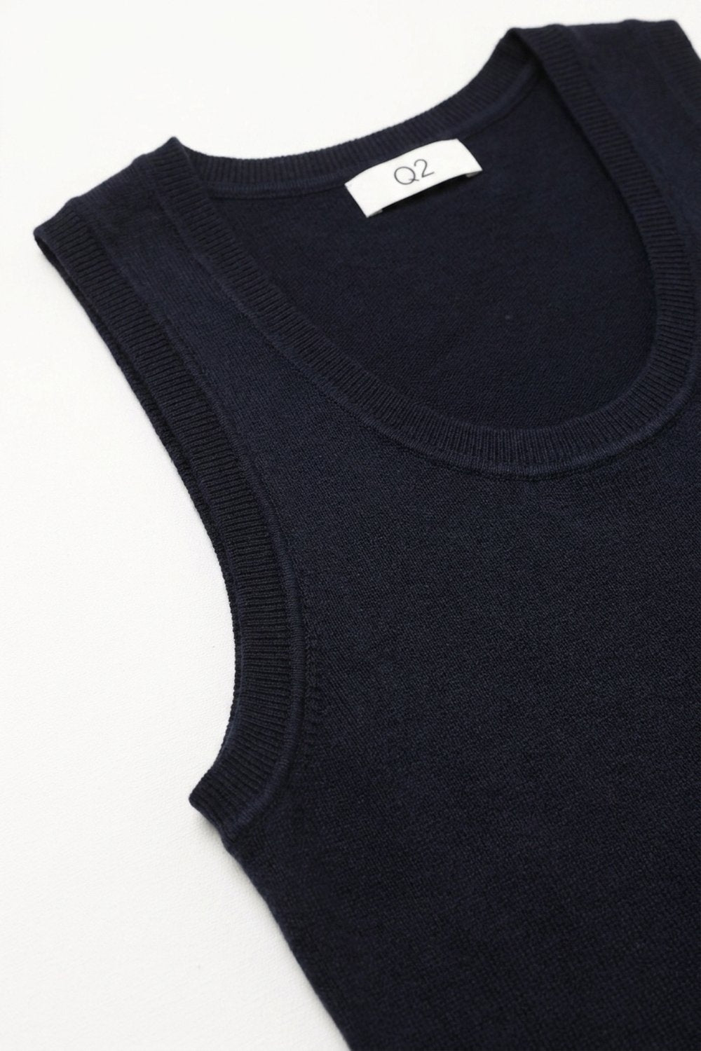 Navy Fine-Rib Knit Scoop Neck Sleeveless sweater with Wide Straps - Tops