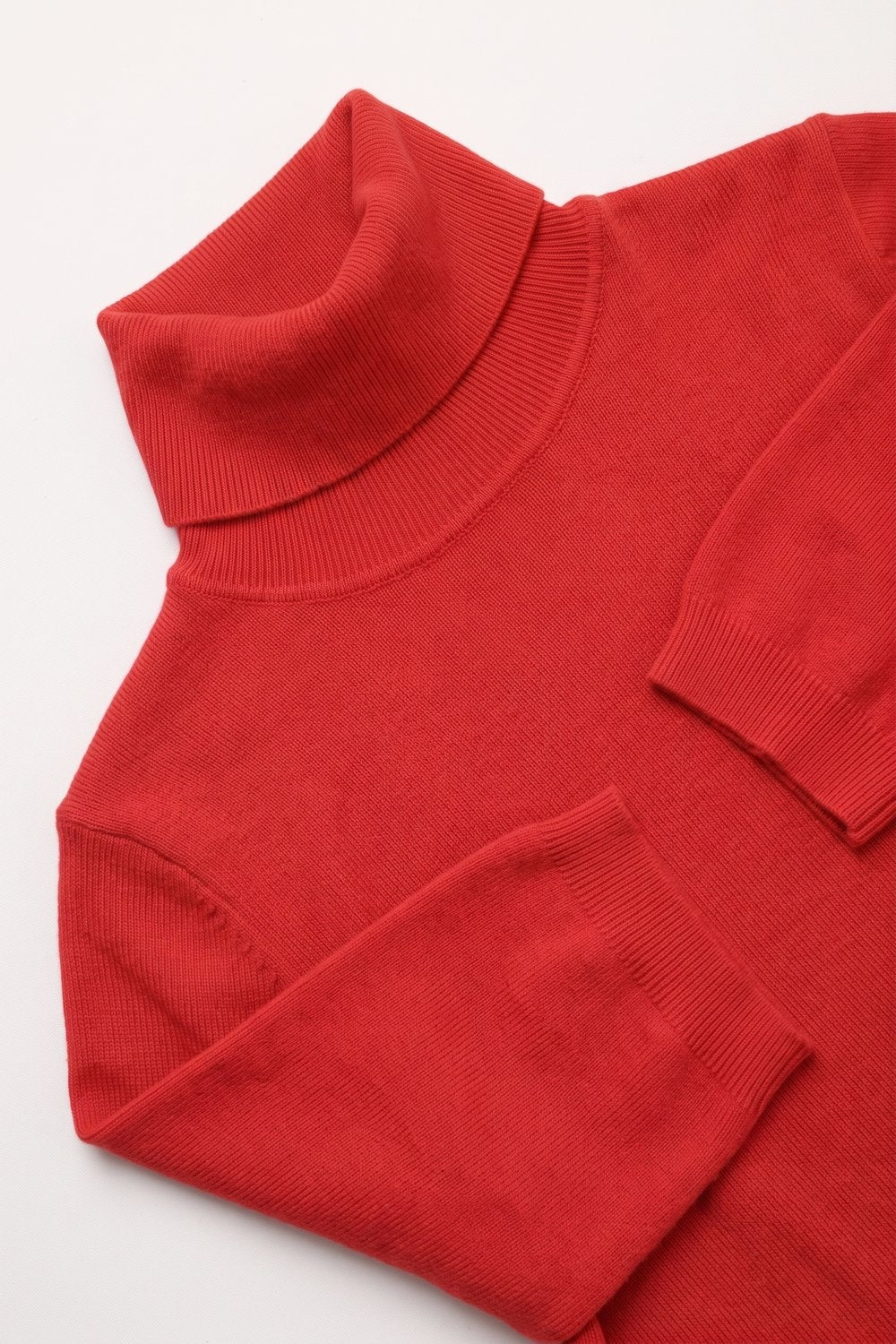 Red Fine Knit Turtleneck Elbow Sleeve Regular Fit Sweater - Jumpers