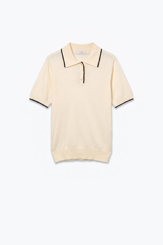 Cream Fine Knit Contrast Trim Button sweater with Polo neckline - Polos