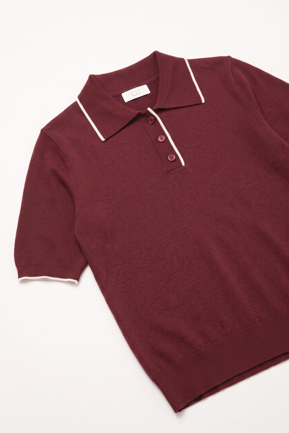 Burgundy Fine Knit Contrast Trim Short Sleeve Polo - Polos