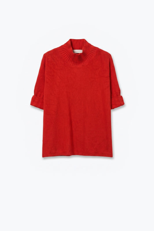 Red Ribbed warm Knit High Collar Sweater with elbow-length sleeve - Jumpers