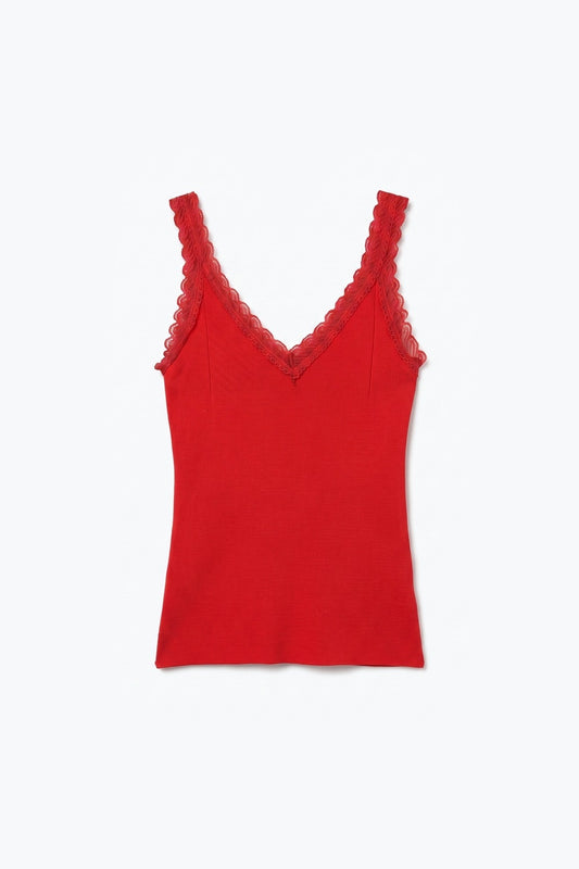 Red Ribbed Knit Lace Trim V-Neck Sleeveless Top - Tops