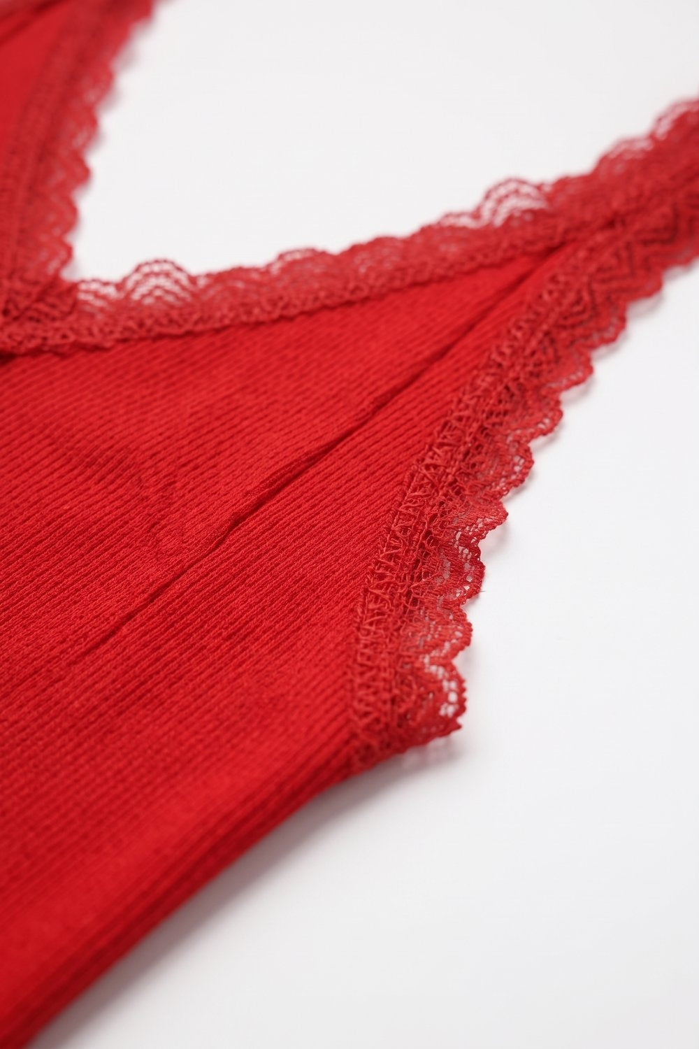 Red Ribbed Knit Lace Trim V-Neck Sleeveless Top - Tops