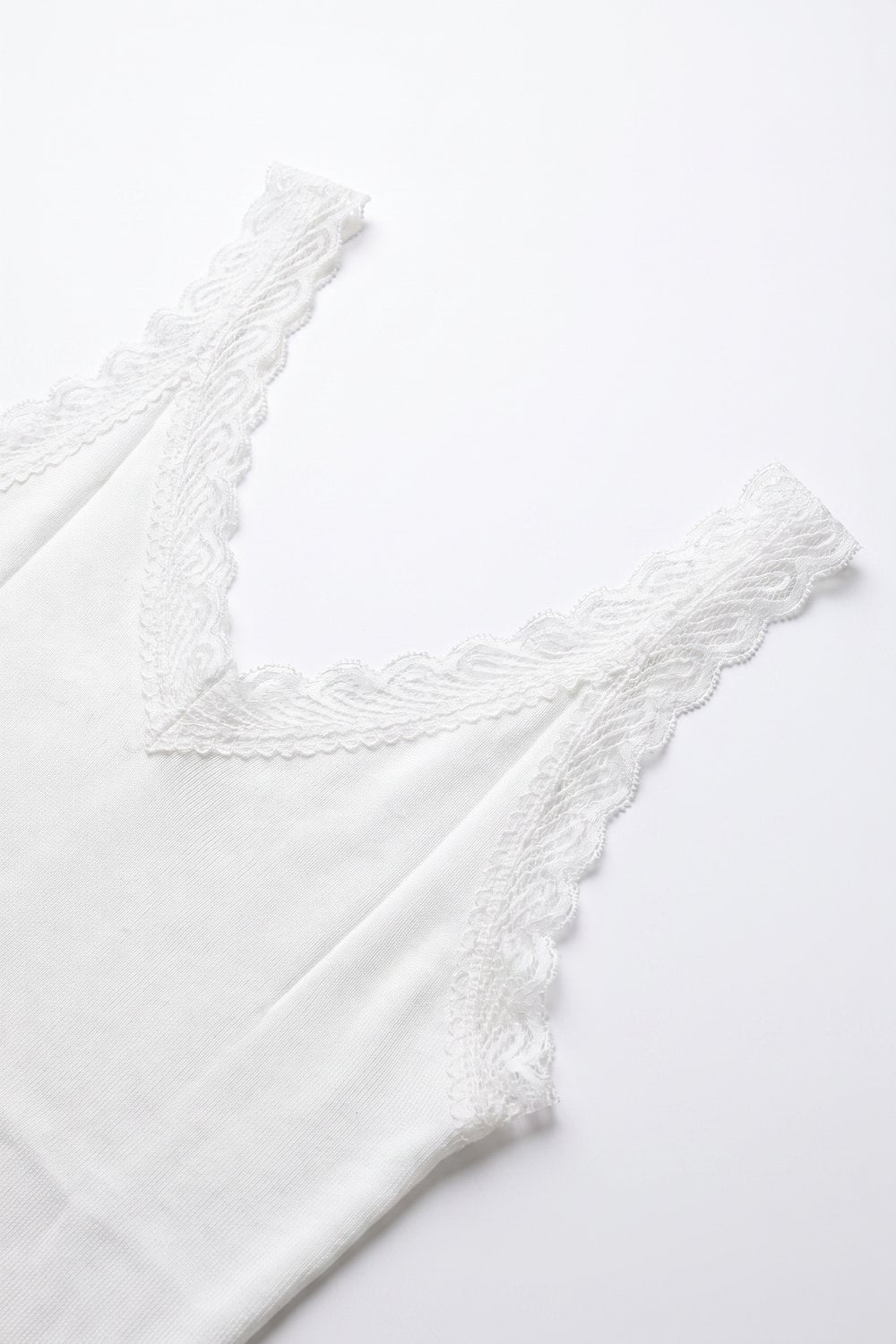 White Ribbed Knit Lace Trim V-Neck Sleeveless Top - Tops