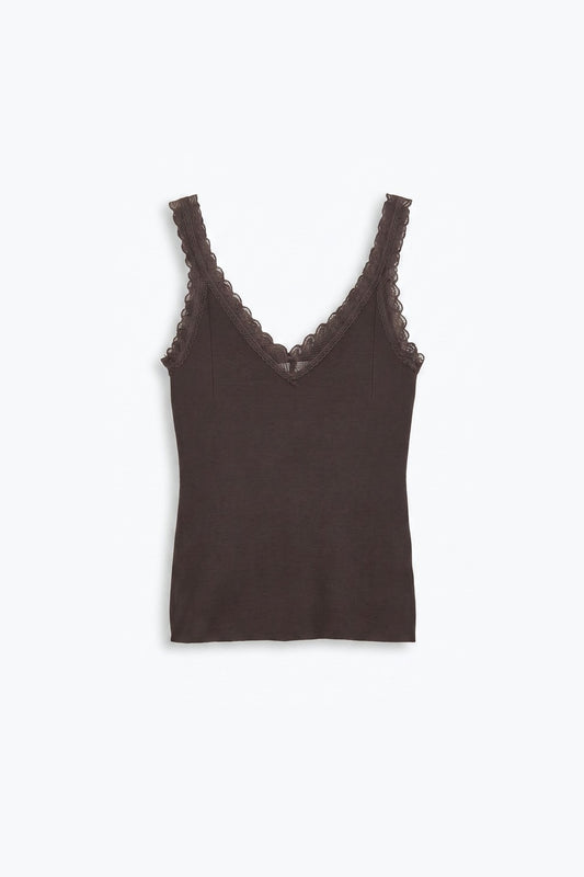 Brown Ribbed Knit Lace Trim V-Neck Tank Top - Tops