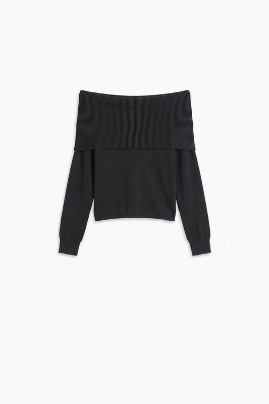 Black Ribbed Knit Off Shoulder Foldover Sweater - Jumpers