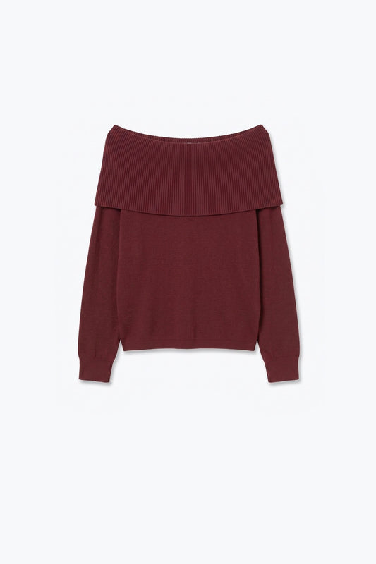 Burgundy Ribbed Knit Off Shoulder Long Sleeve Sweater - Jumpers