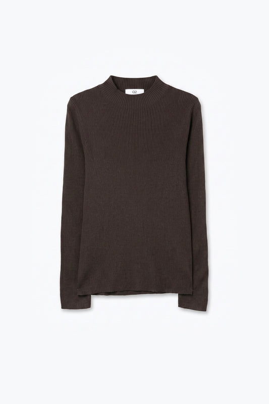 Fine Ribbed Merino Wool Sweater in brown with Mock neck - Jumpers