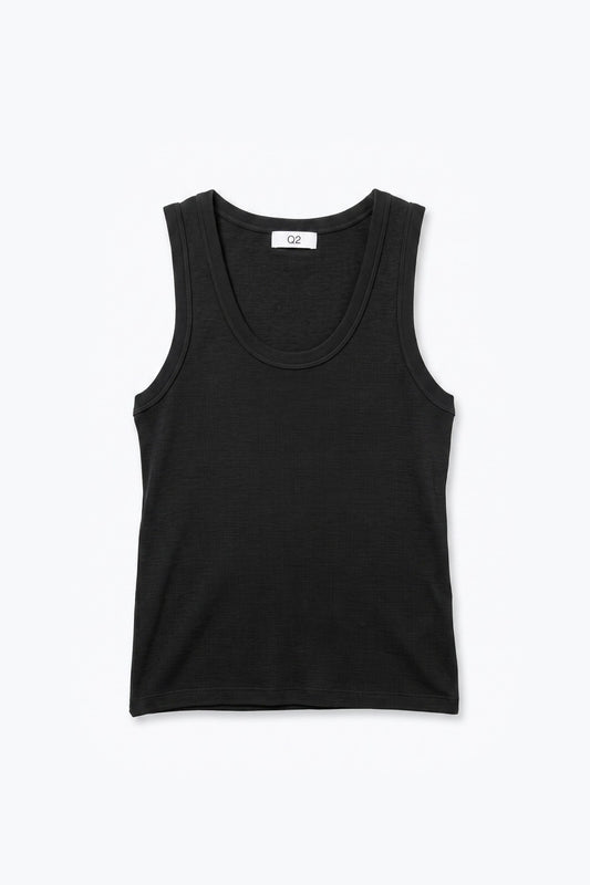 Black Fine-Rib Knit Scoop Neck Sleeveless sweater with Wide Straps - Tops