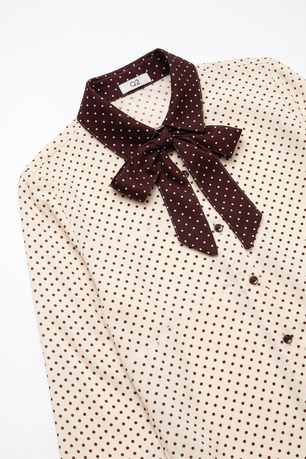 Cream Polka-Dot Print Long Sleeve Blouse with burgundy Contrast Bow Tie - Shirts