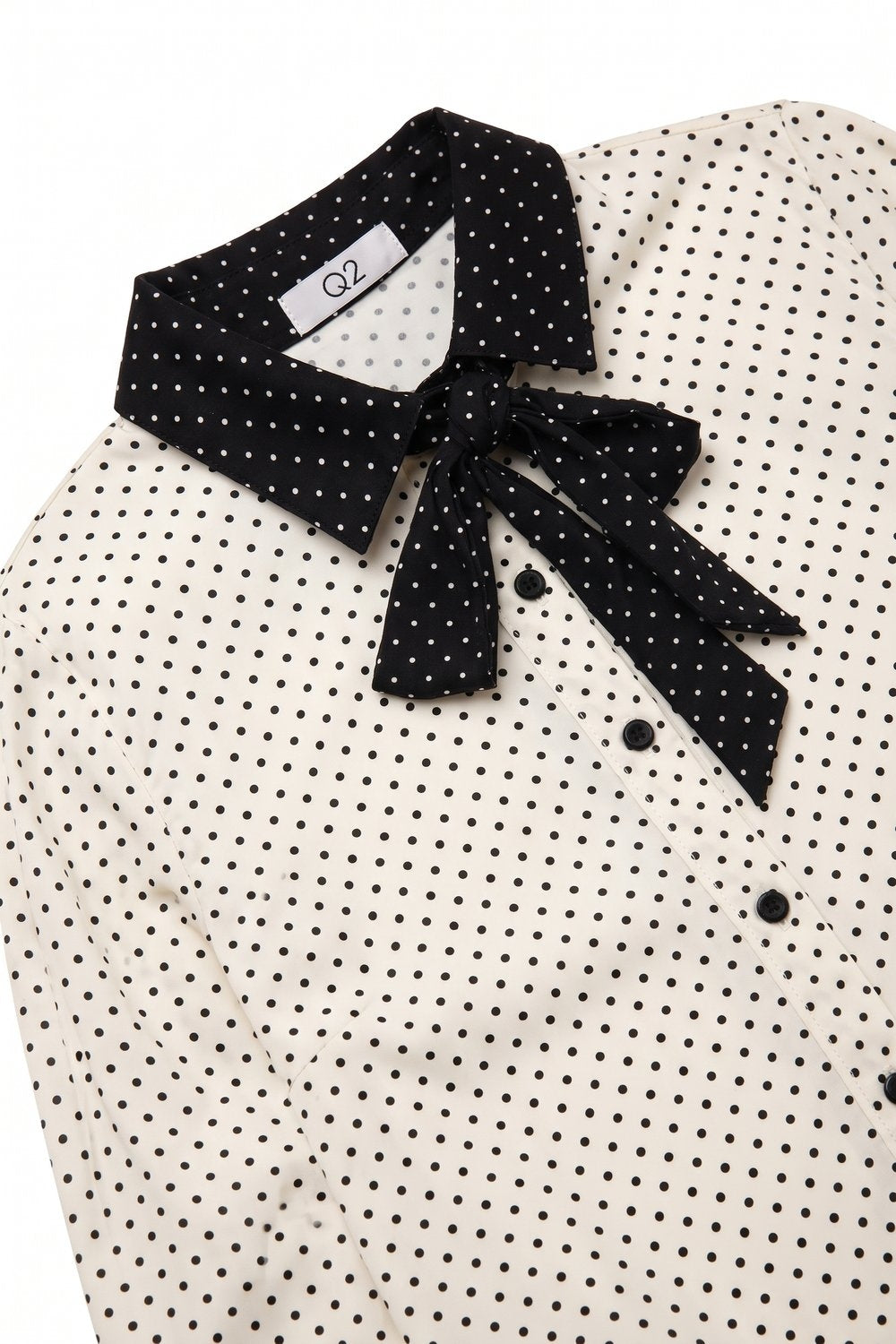 Cream Polka-Dot Lightweight satin black Contrast Tie Neck Blouse Shirt - Shirts
