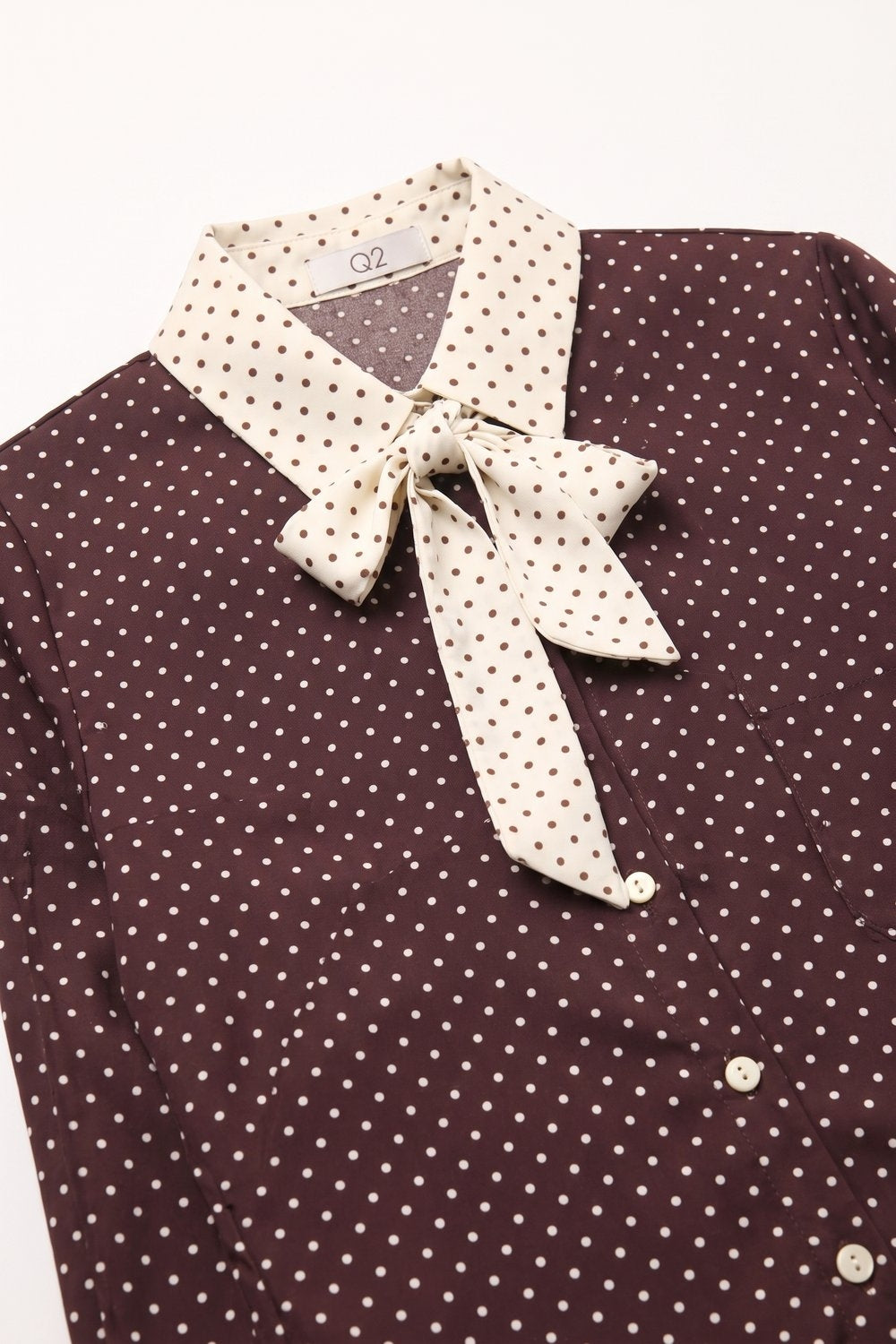 Burgundy satin Polka-Dot Print Blouse Shirt with cream Contrast Bow Tie - Shirts