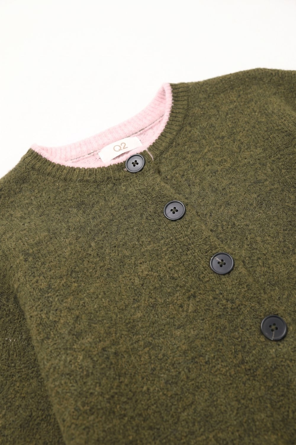 Olive Fine Knit Pink Ribbed Trim Button Cardigan - cardigan