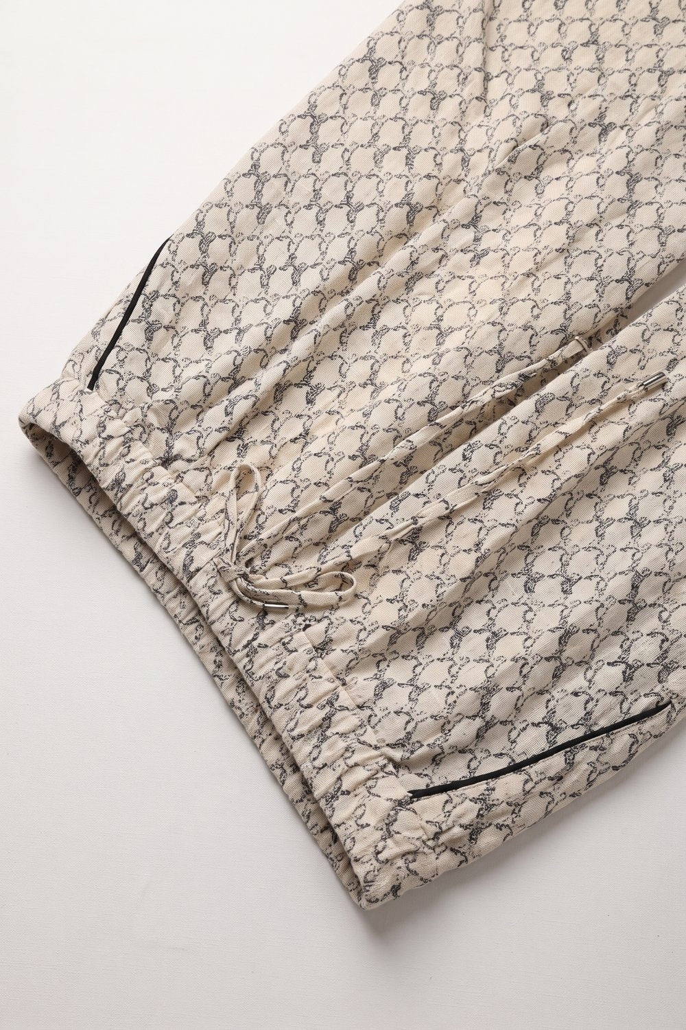 Cream horse Print Quilted Drawstring Wide Leg Pants - trousers