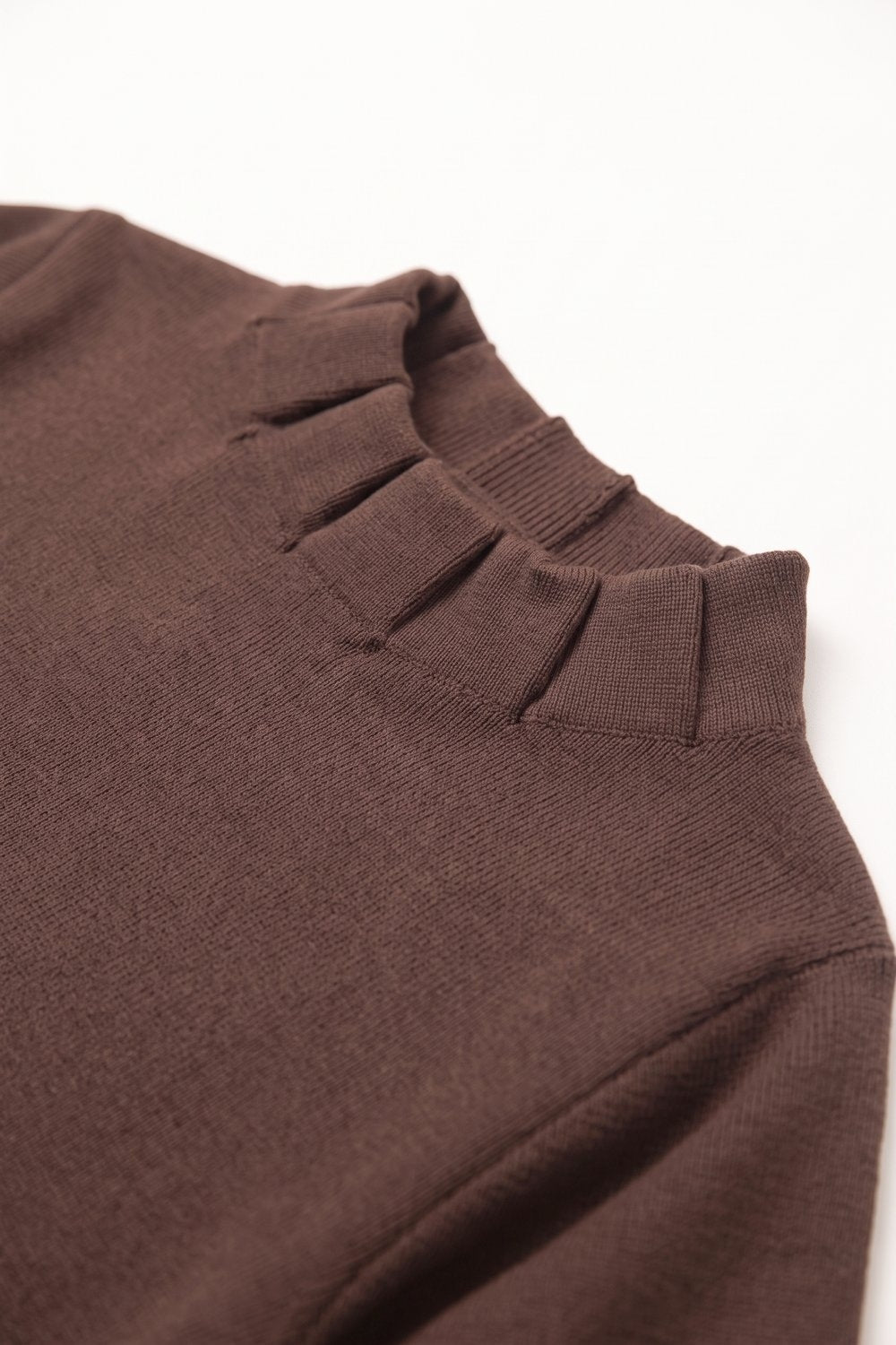 Brown Fine Knit Pleated Mock Neck Short Sleeve Sweater - jumper