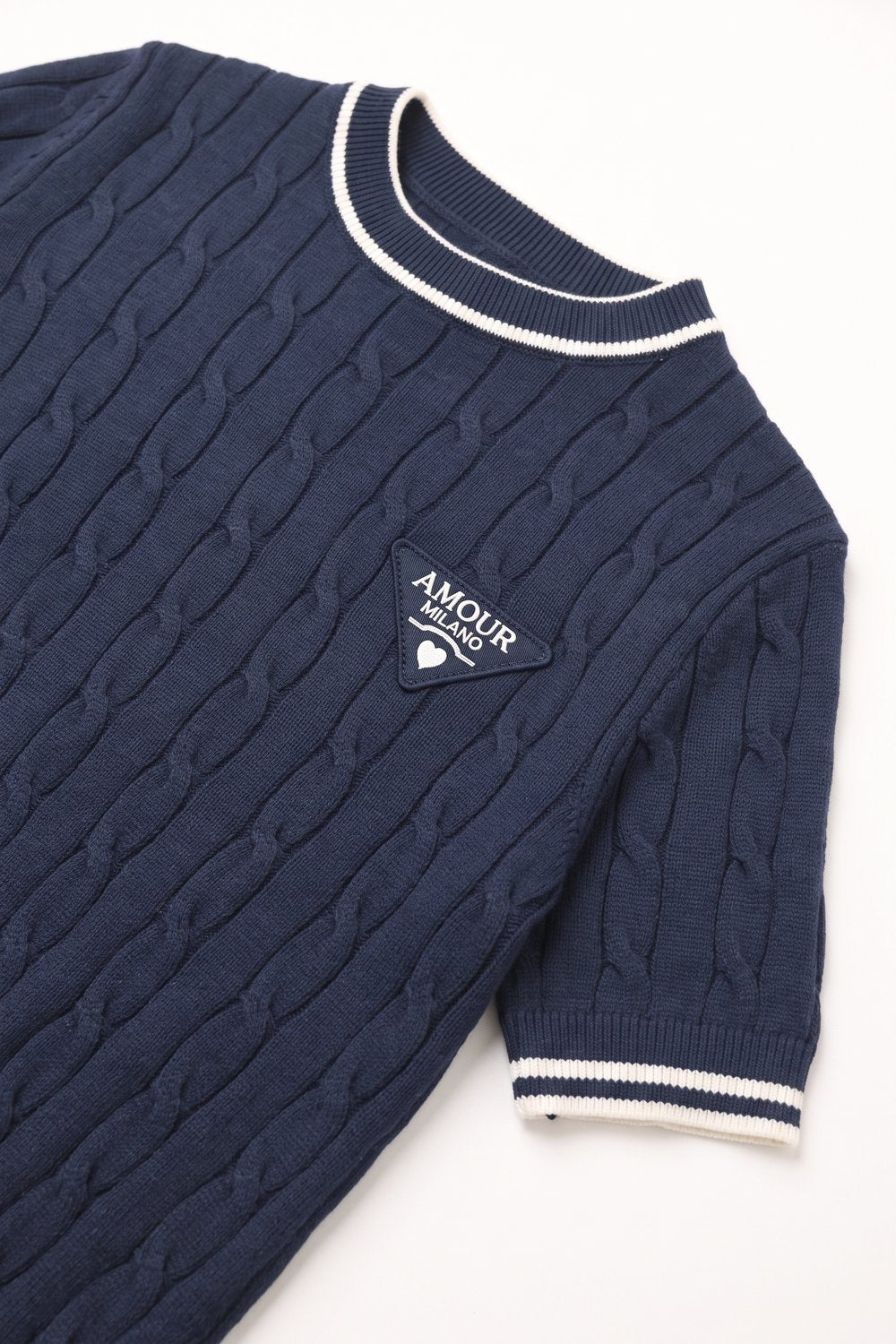 Navy Cable Knit Contrast Trim Short Sleeve Sweater Top - jumper