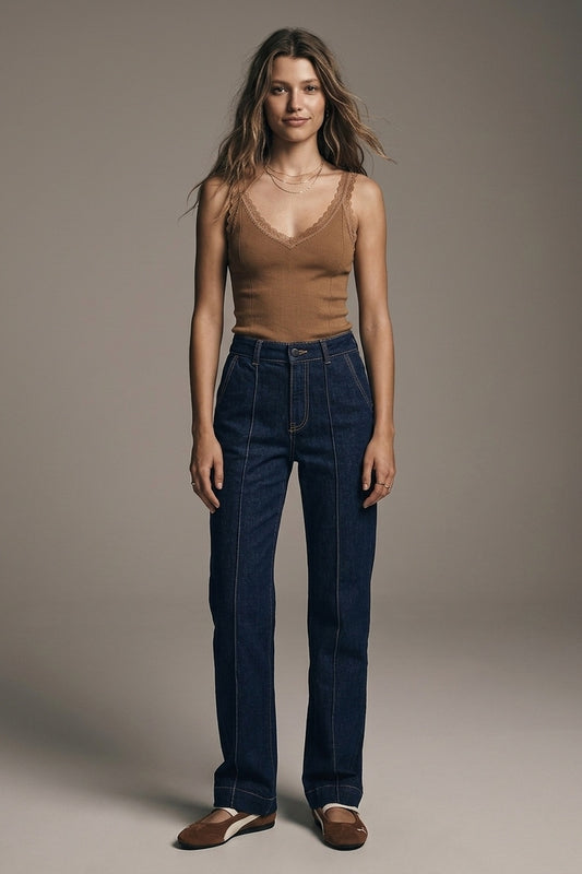 Long Straight Dark Blue Jeans With Contrast Stitching - Jeans