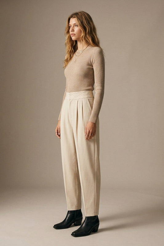 Cream Pinstripe soft Woven Pleated Tapered Pants - trousers