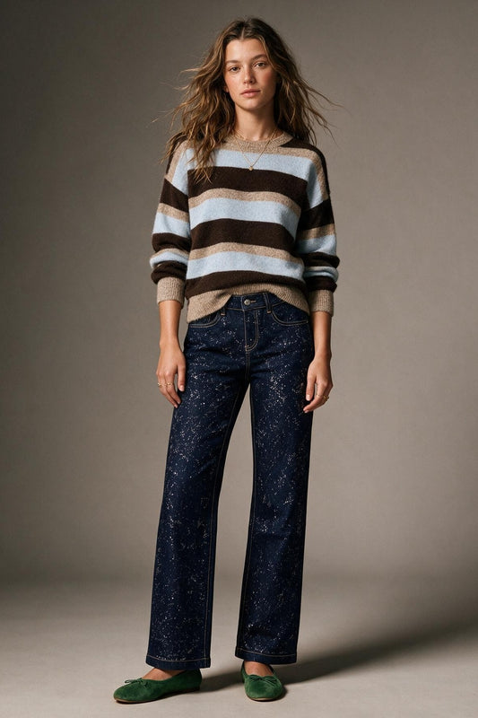 Dark Blue Wide Leg Jeans with glitter on the front - Jeans