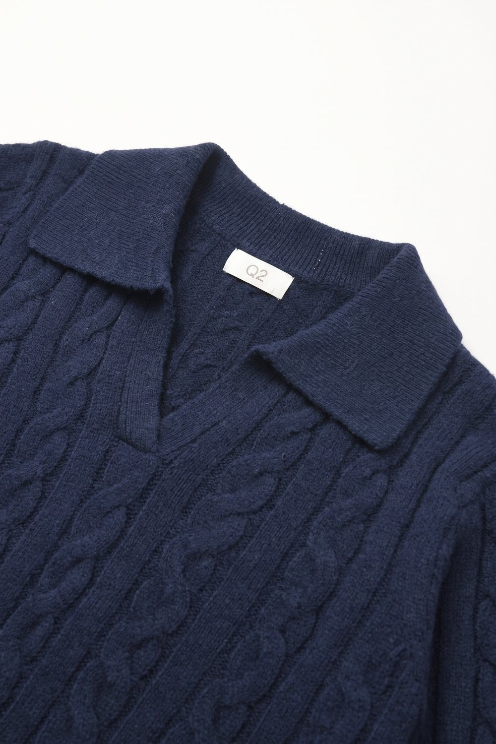 Navy Cable fluffy Knit Polo Collar V-Neck Sweater - jumper
