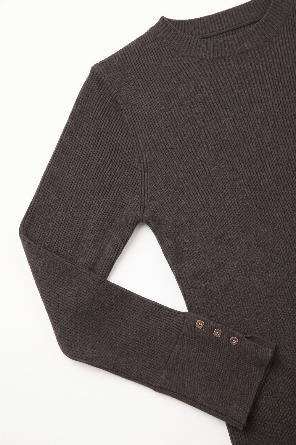 Brown Ribbed Knit Crew Neck Button Cuff Sweater - jumper