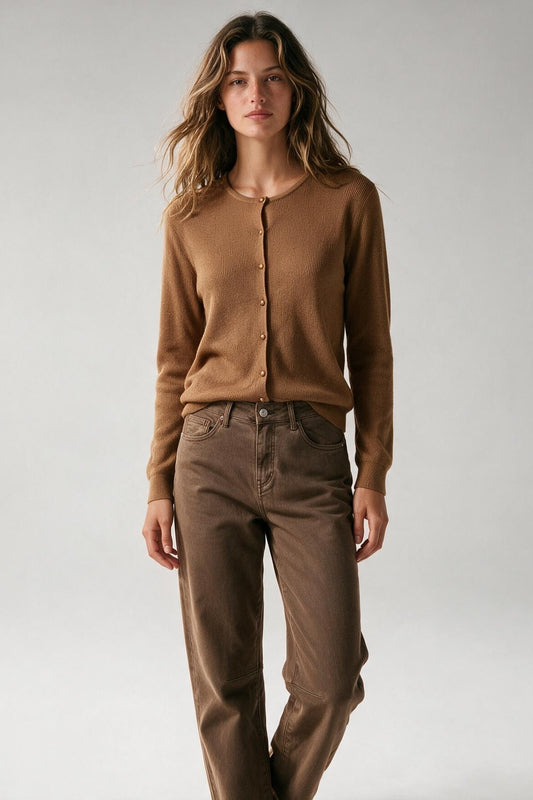 Camel Ribbed Knit Button Front Crew Neck Cardigan - Cardigans